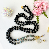 Shield Mala Necklace - Labradorite Tourmaline Meditation Beads