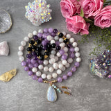 Tranquility Goddess Mala Necklace - Moonstone Amethyst Tourmaline Meditation Beads