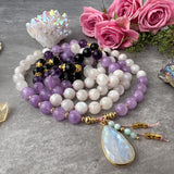 Tranquility Goddess Mala Necklace - Moonstone Amethyst Tourmaline Meditation Beads