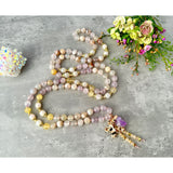 Floral Harmony Mala Necklace - Cherry Blossom Amethyst Rose Quartz Meditation Beads