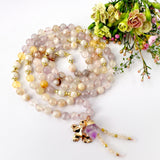 Floral Harmony Mala Necklace - Cherry Blossom Amethyst Rose Quartz Meditation Beads