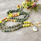Eternal Renewal Mala Necklace - Moss Agate Orange Calcite Lemon Jade Meditation Beads