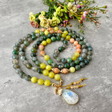 Eternal Renewal Mala Necklace - Moss Agate Orange Calcite Lemon Jade Meditation Beads