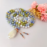 Raindrop Renewal Mala Necklace - Aquamarine Peridot Blue Lace Meditation Beads