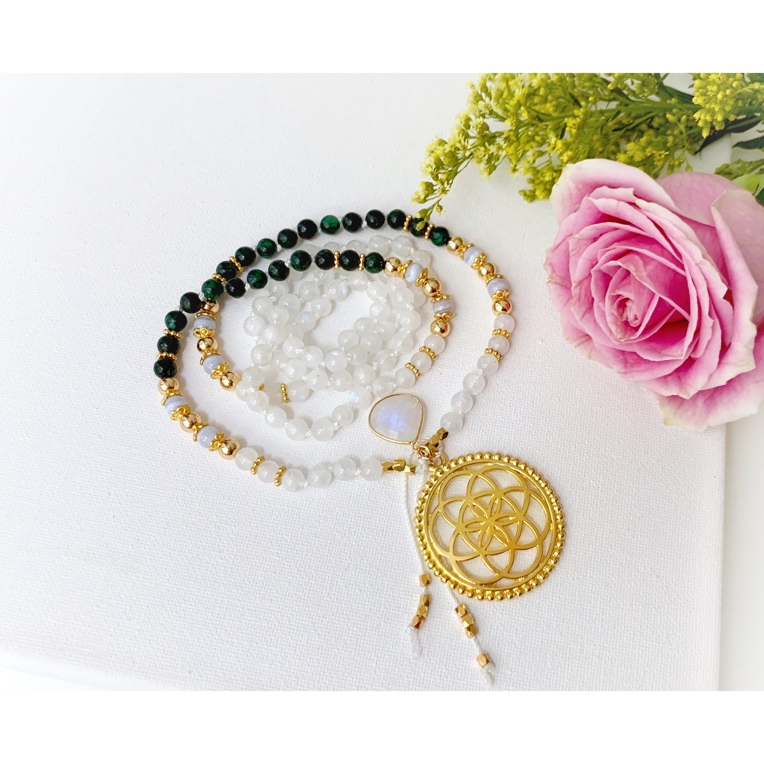 Flower of Life Moonstone Mala Necklace - Vibe Jewelry