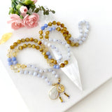 Gemini Mala Necklace - Tigers Eye Citrine Blue Lace Agate Meditation Beads