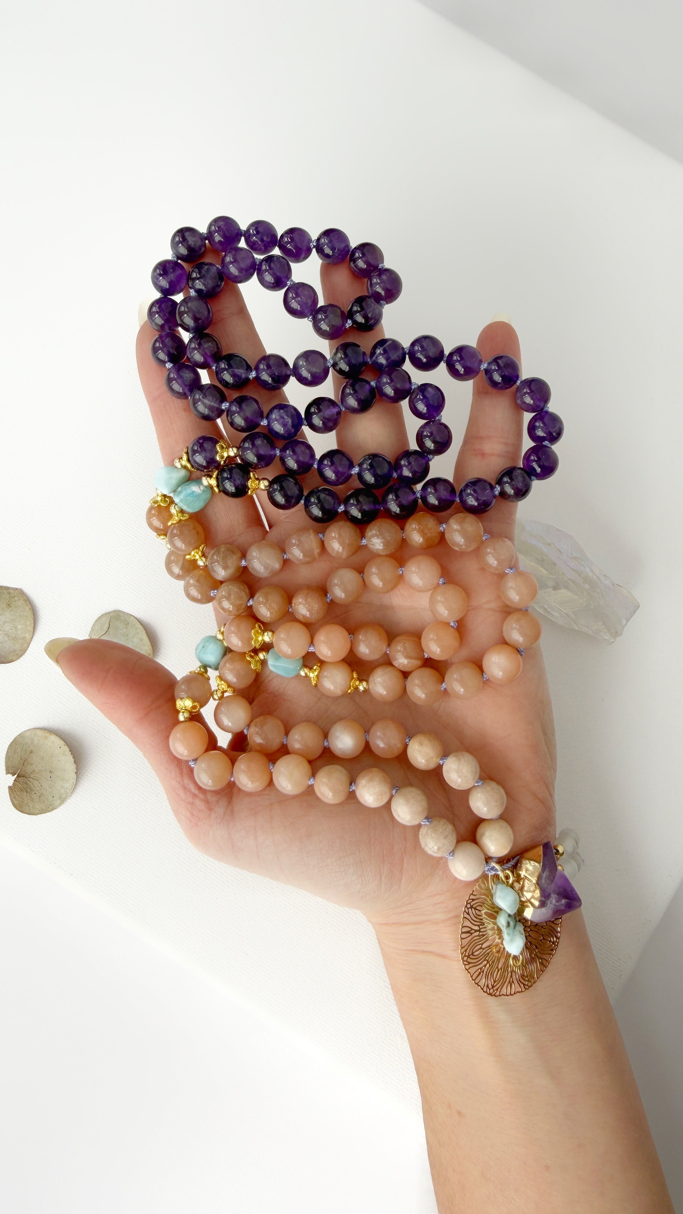 Amethyst Sunstone & Larimar Mala Necklace - Vibe Jewelry