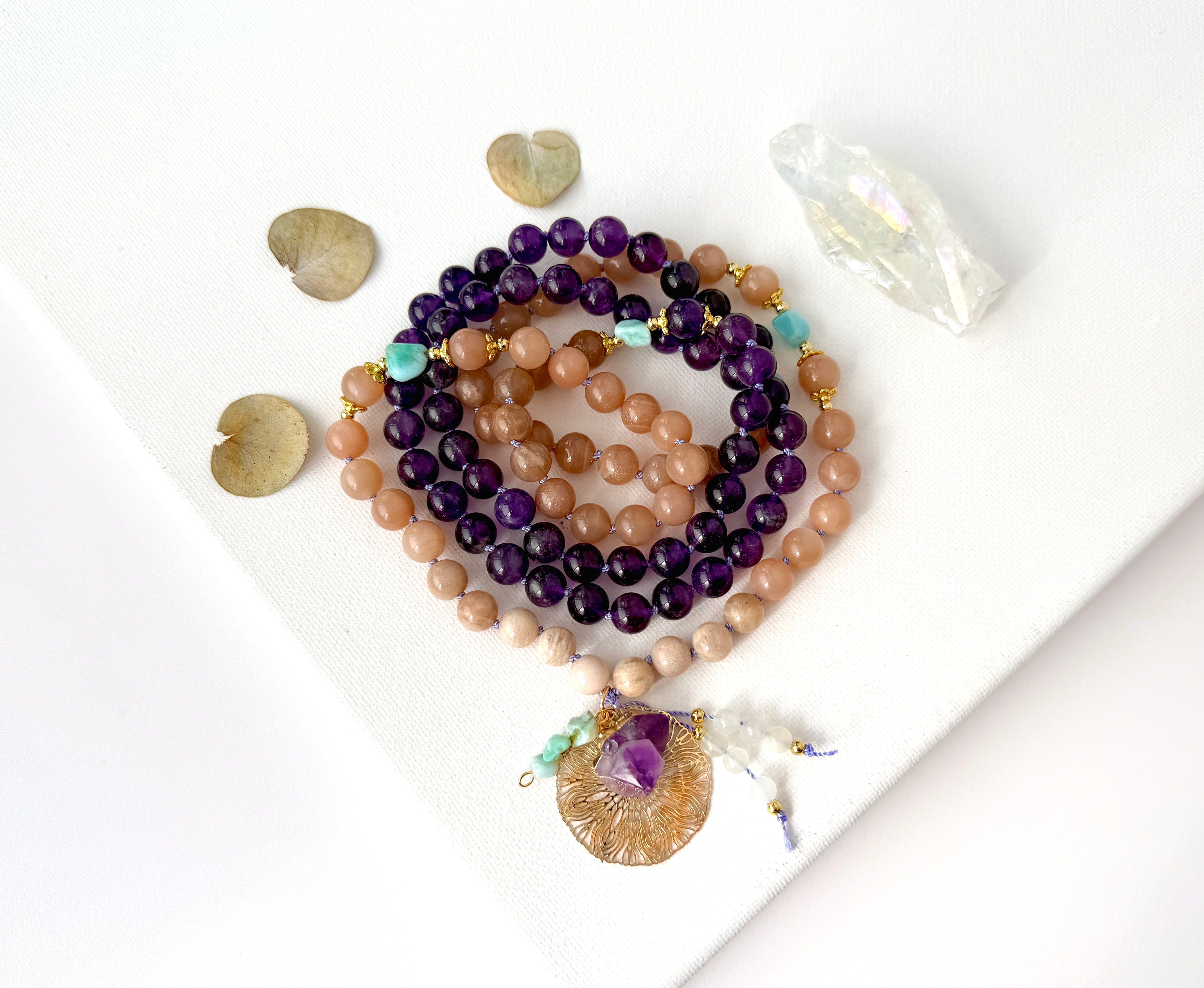 Amethyst Sunstone & Larimar Mala Necklace - Vibe Jewelry