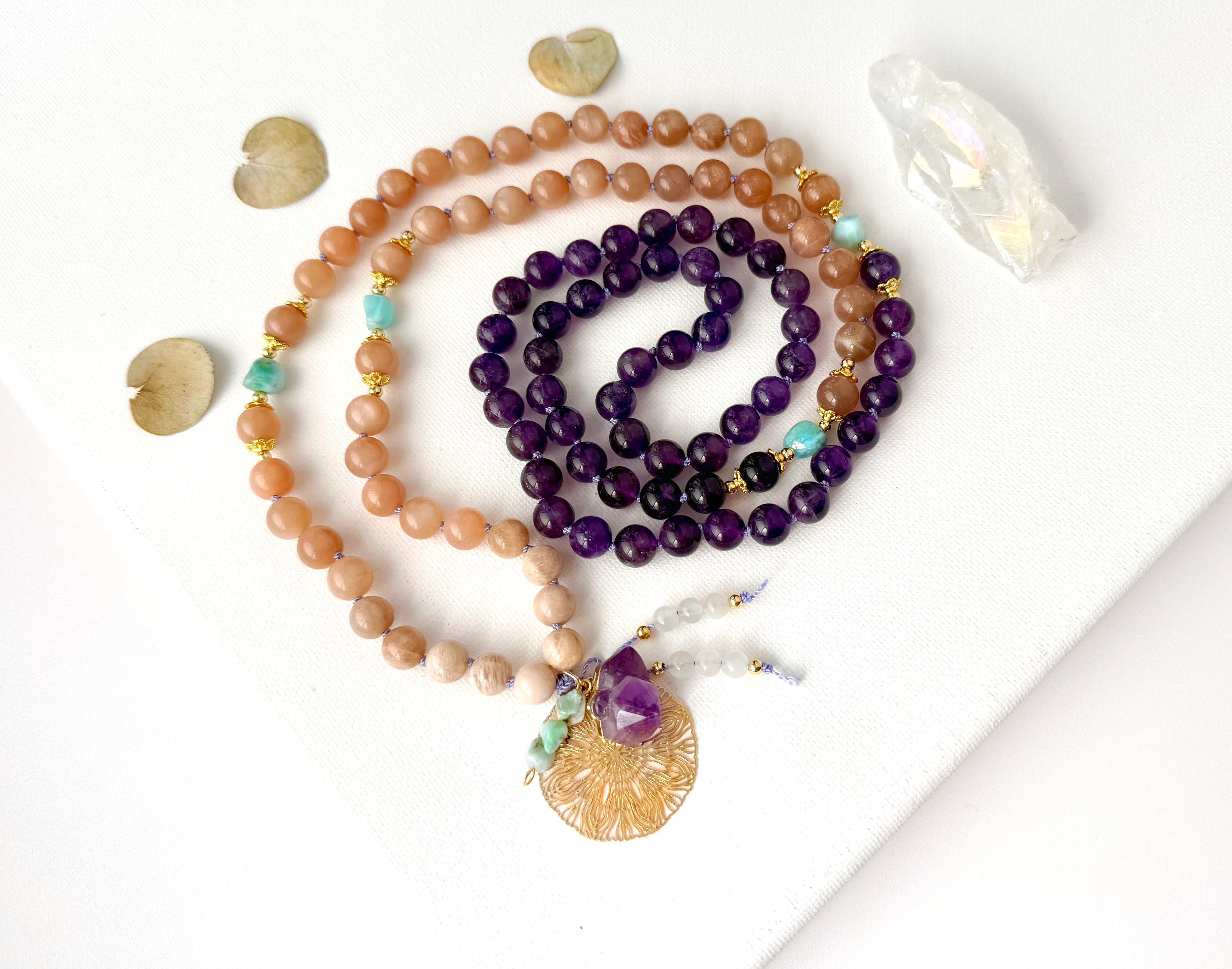 Amethyst Sunstone & Larimar Mala Necklace - Vibe Jewelry