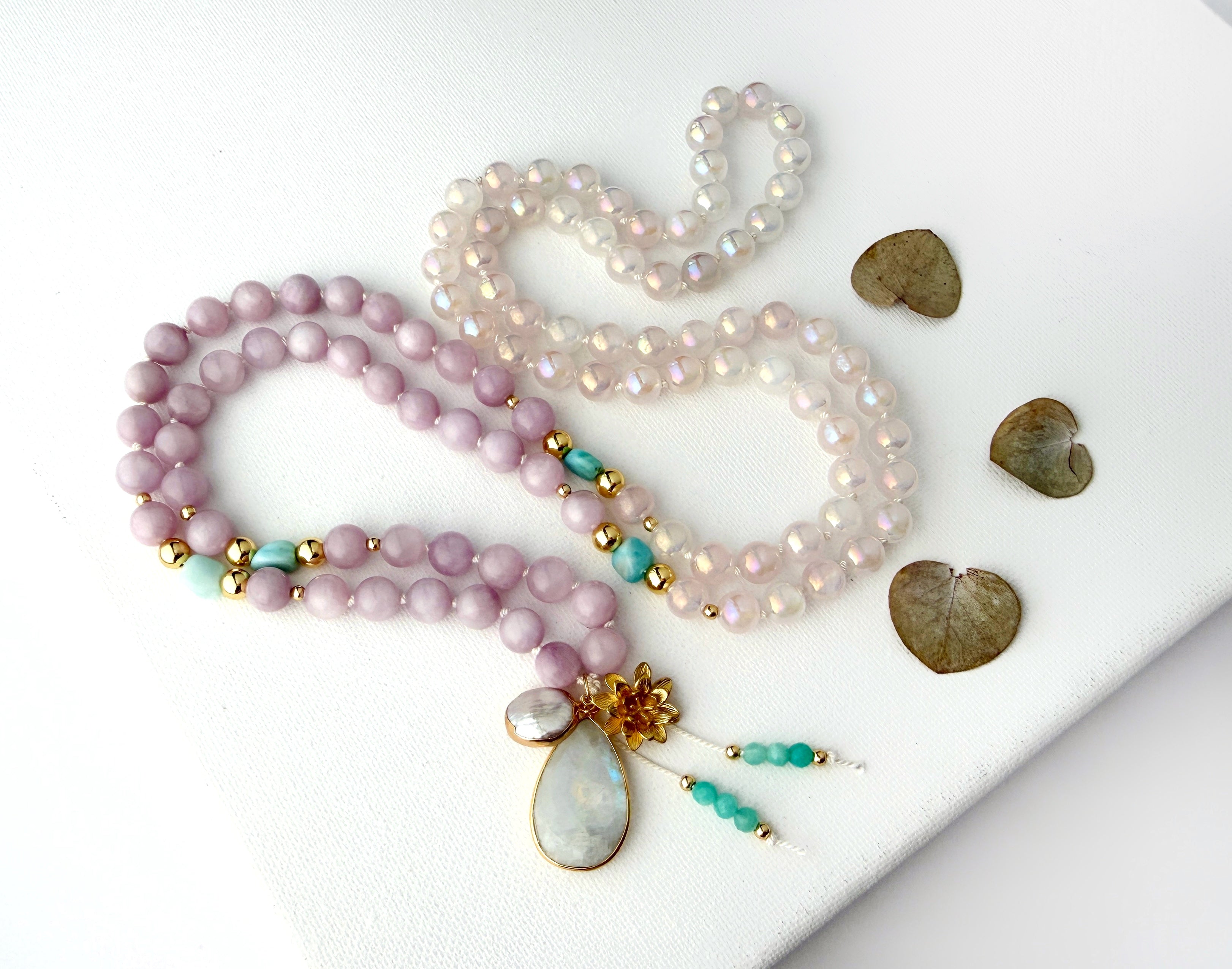 Kunzite Rose Quartz & Larimar Mala Necklace - Vibe Jewelry