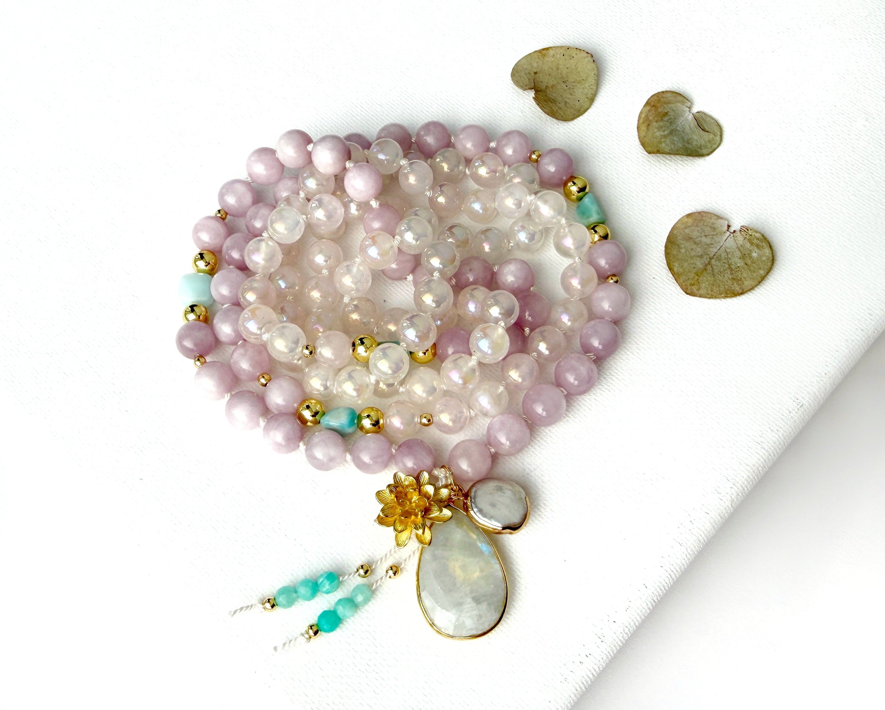 Kunzite Rose Quartz & Larimar Mala Necklace - Vibe Jewelry