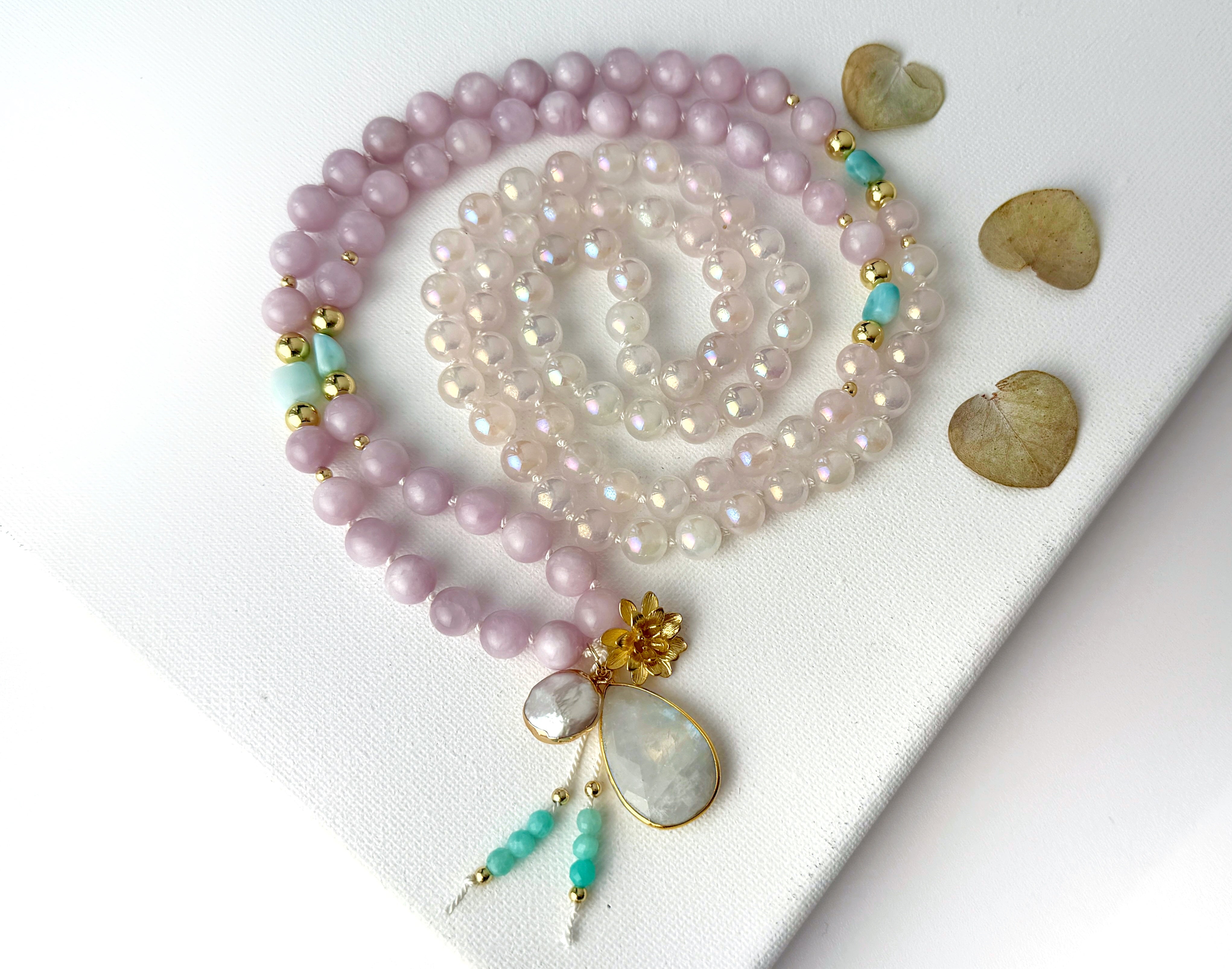 Kunzite Rose Quartz & Larimar Mala Necklace - Vibe Jewelry