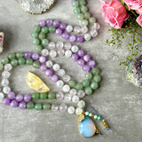 knotted mala beads necklace with amethyst rose quartz green aventurine quartz and opal guru crystal