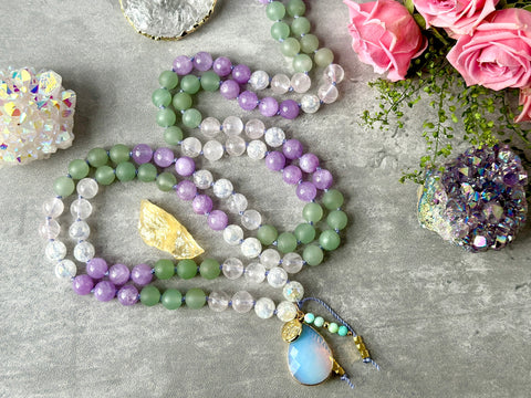 knotted mala beads necklace with amethyst rose quartz green aventurine quartz and opal guru crystal