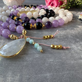Tranquility Goddess Mala Necklace - Moonstone Amethyst Tourmaline Meditation Beads