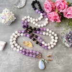 knotted mala beads necklace with amethyst moonstone black tourmaline rainbow moonstone guru crystal