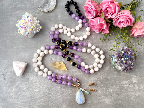 knotted mala beads necklace with amethyst moonstone black tourmaline rainbow moonstone guru crystal