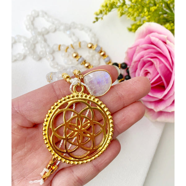 Flower of Life Moonstone Mala Necklace - Vibe Jewelry